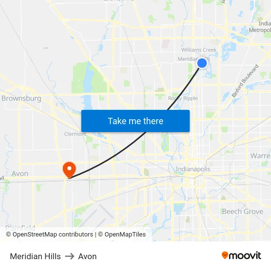 Meridian Hills to Avon map