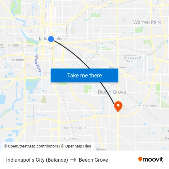 Indianapolis City (Balance) to Beech Grove map