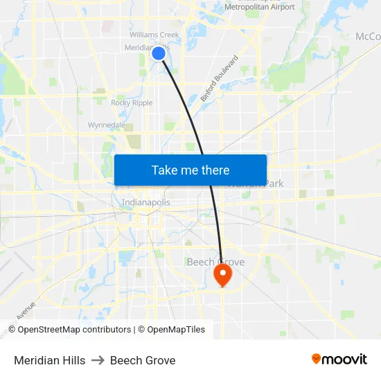 Meridian Hills to Beech Grove map