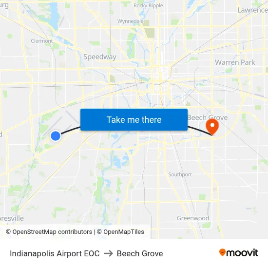 Indianapolis Airport EOC to Beech Grove map