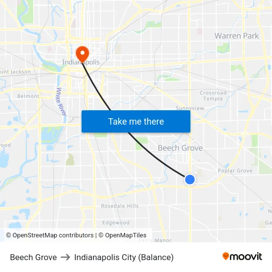 Beech Grove to Indianapolis City (Balance) map