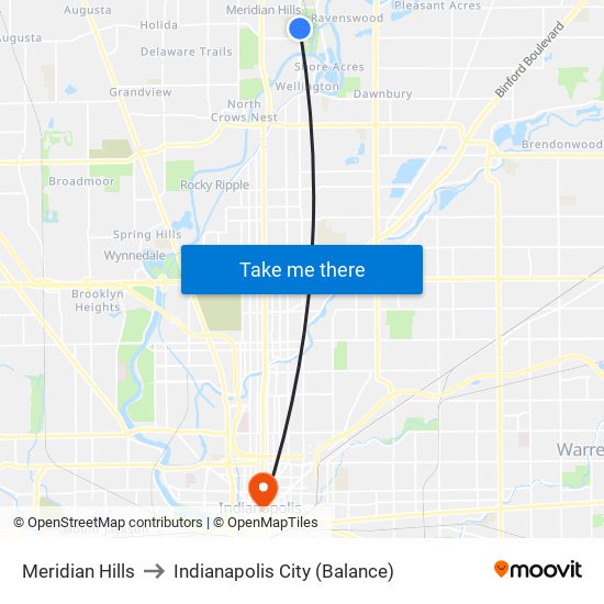 Meridian Hills to Indianapolis City (Balance) map