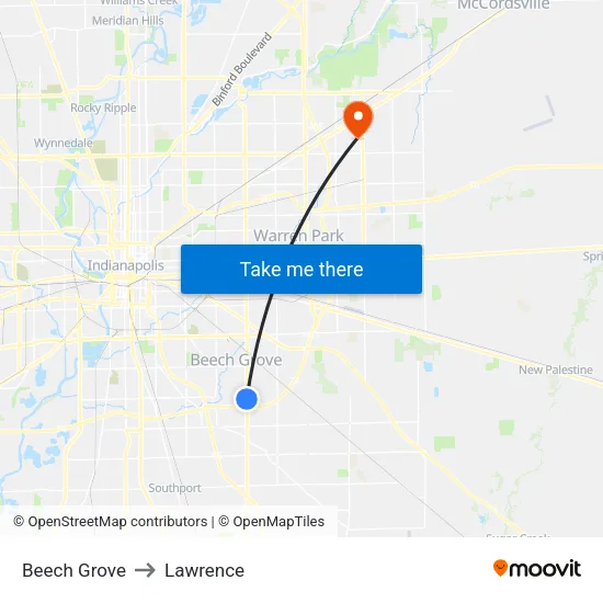 Beech Grove to Lawrence map