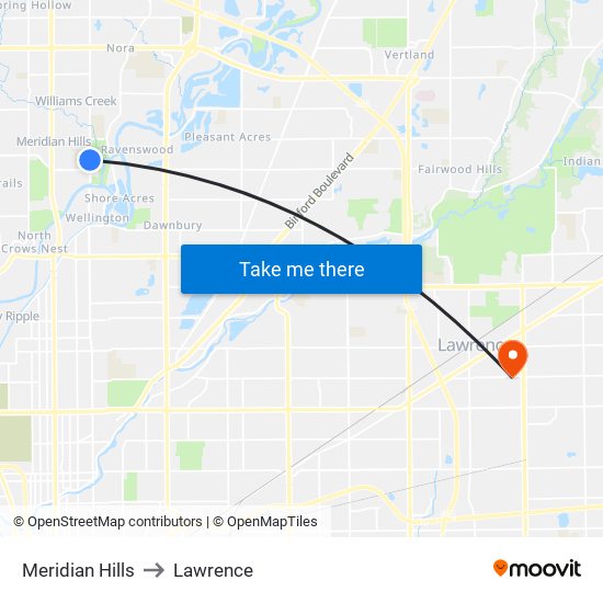 Meridian Hills to Lawrence map