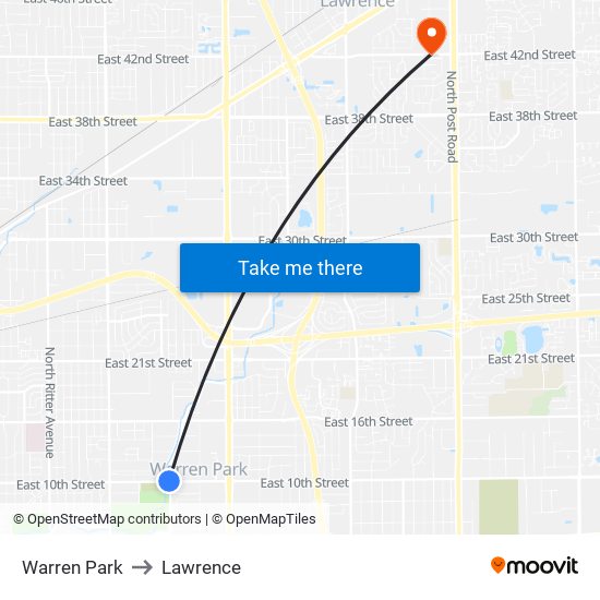 Warren Park to Lawrence map