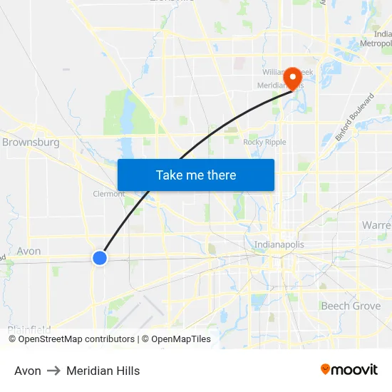 Avon to Meridian Hills map