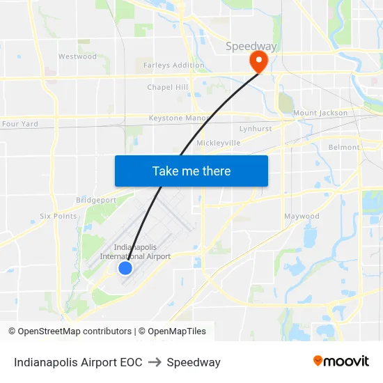 Indianapolis Airport EOC to Speedway map