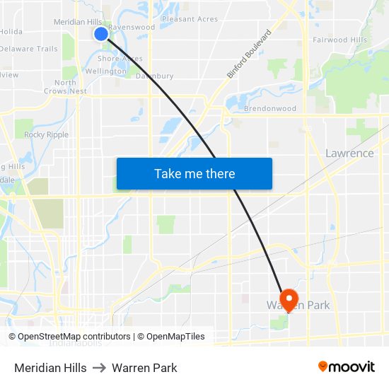 Meridian Hills to Warren Park map