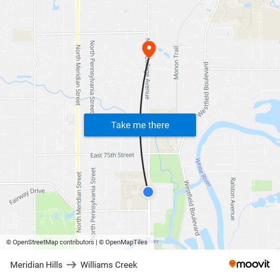 Meridian Hills to Williams Creek map