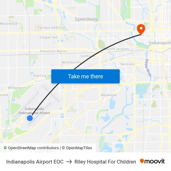 Indianapolis Airport EOC to Riley Hospital For Children map