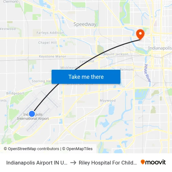 Indianapolis Airport IN USA to Riley Hospital For Children map