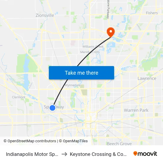 Indianapolis Motor Speedway Lot 1c to Keystone Crossing & Commerce Crossing map