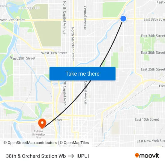 38th & Orchard Station Wb to IUPUI map