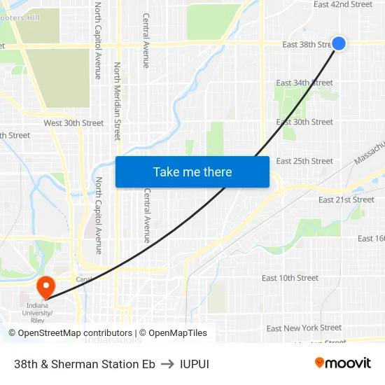 38th & Sherman Station Eb to IUPUI map