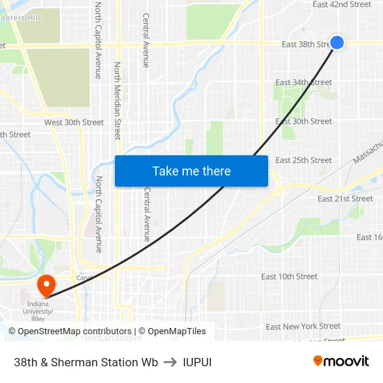 38th & Sherman Station Wb to IUPUI map