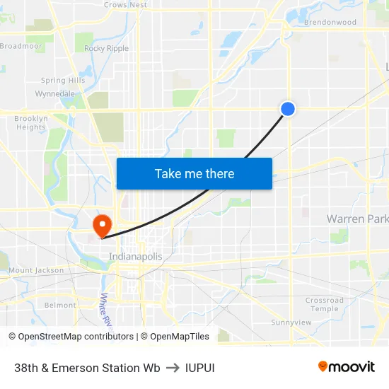38th & Emerson Station Wb to IUPUI map