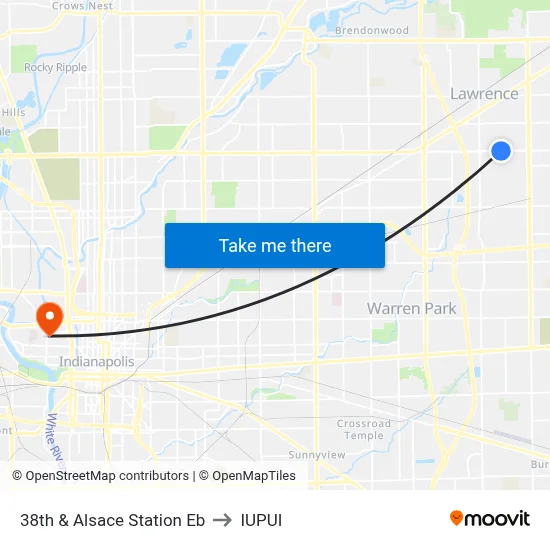 38th & Alsace Station Eb to IUPUI map