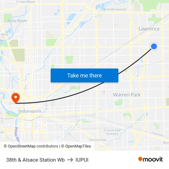 38th & Alsace Station Wb to IUPUI map