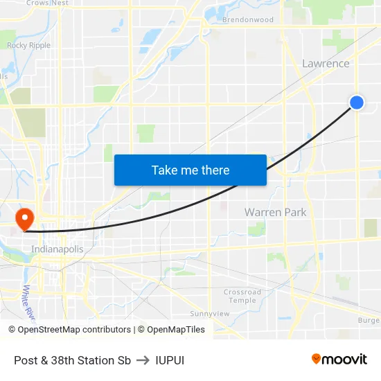 Post & 38th Station Sb to IUPUI map