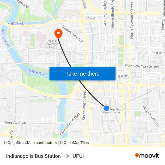 Indianapolis Bus Station to IUPUI map