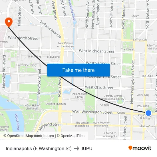 Indianapolis (E Washington St) to IUPUI map