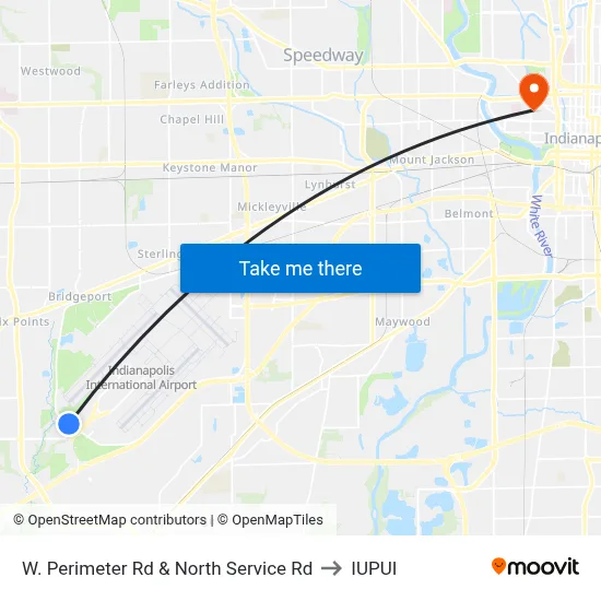 W. Perimeter Rd & North Service Rd to IUPUI map