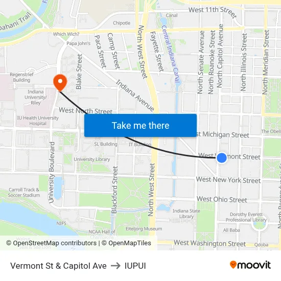 Vermont St & Capitol Ave to IUPUI map