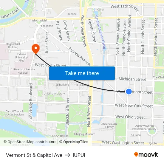Vermont St & Capitol Ave to IUPUI map