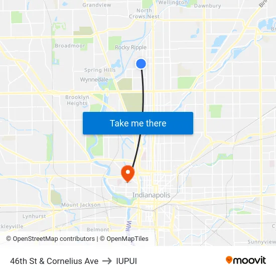 46th St & Cornelius Ave to IUPUI map