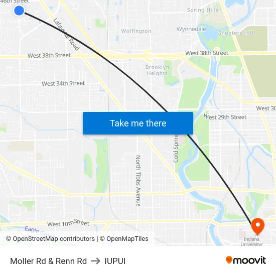 Moller Rd & Renn Rd to IUPUI map