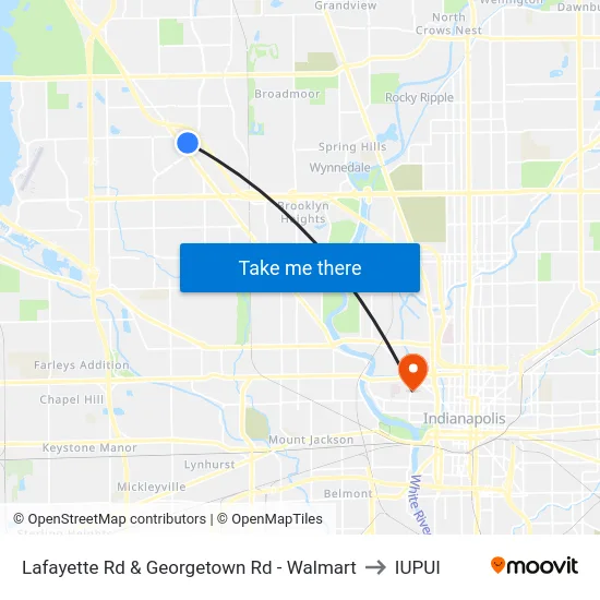 Lafayette Rd & Georgetown Rd - Walmart to IUPUI map