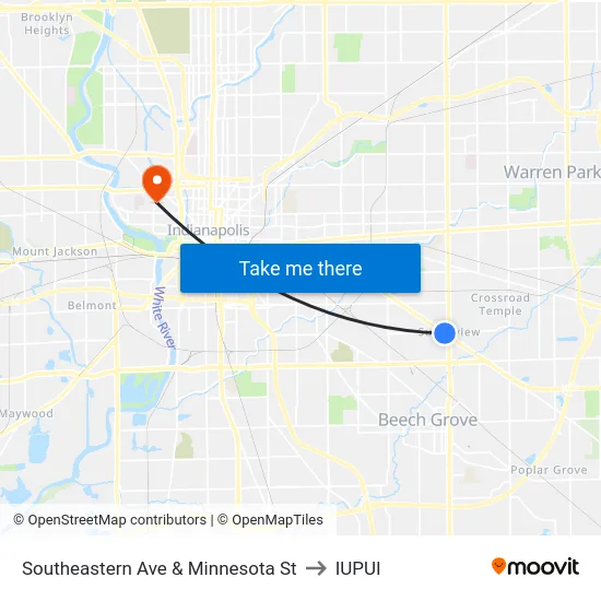 Southeastern Ave & Minnesota St to IUPUI map