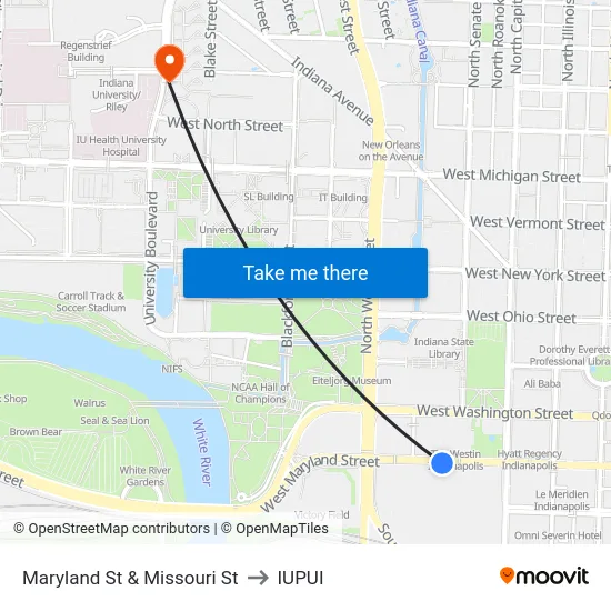 Maryland St & Missouri St to IUPUI map