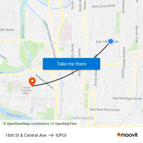 16th St & Central Ave to IUPUI map