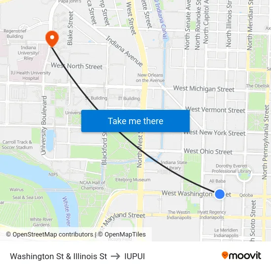 Washington St & Illinois St to IUPUI map