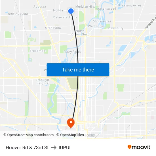 Hoover Rd & 73rd St to IUPUI map