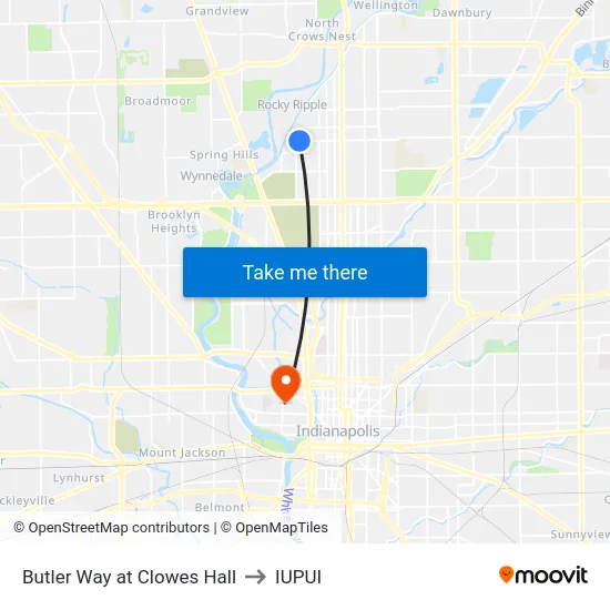 Butler Way at Clowes Hall to IUPUI map