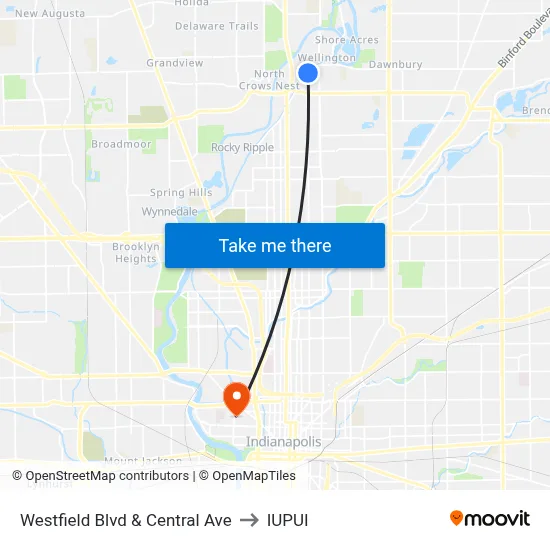 Westfield Blvd & Central Ave to IUPUI map