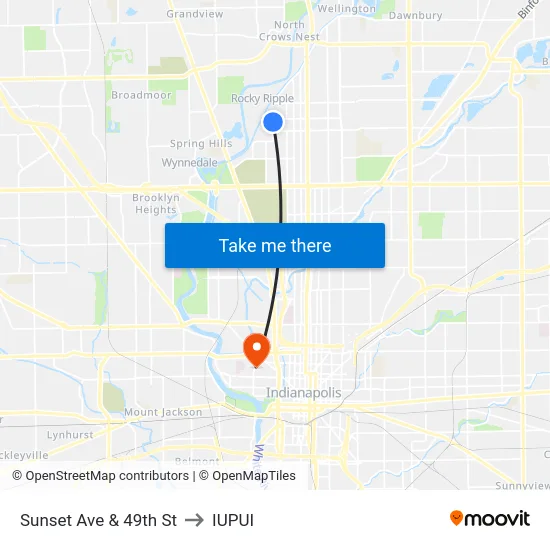 Sunset Ave & 49th St to IUPUI map