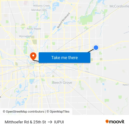Mitthoefer Rd & 25th St to IUPUI map