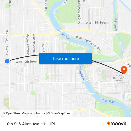 10th St & Alton Ave to IUPUI map