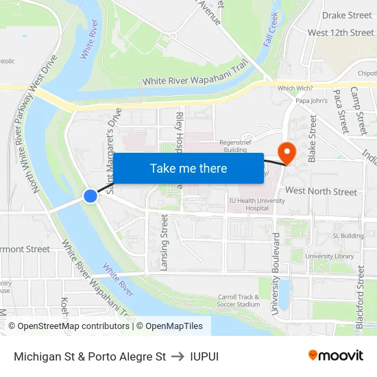 Michigan St & Porto Alegre St to IUPUI map