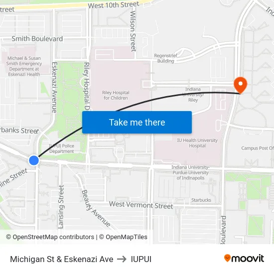 Michigan St & Eskenazi Ave to IUPUI map