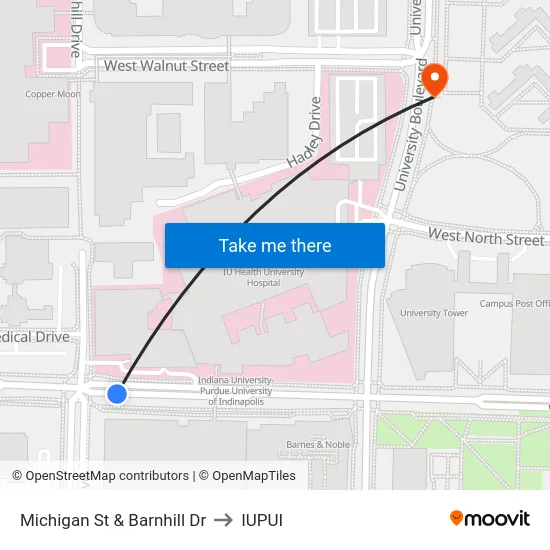 Michigan St & Barnhill Dr to IUPUI map