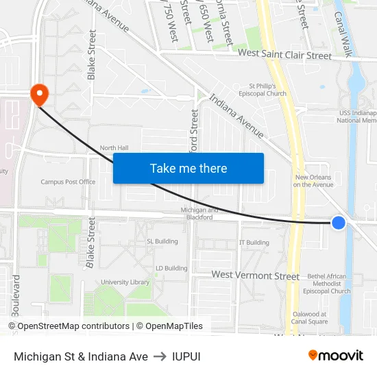Michigan St & Indiana Ave to IUPUI map