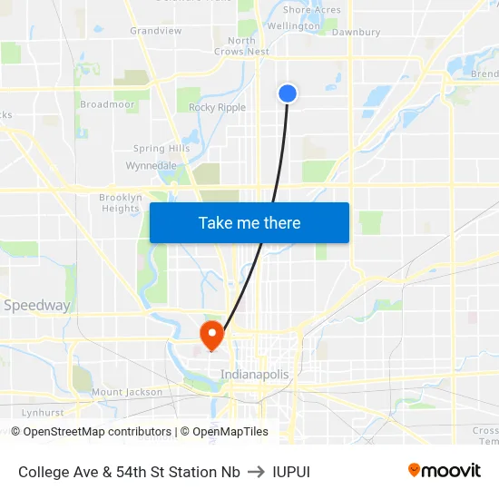 College Ave & 54th St Station Nb to IUPUI map