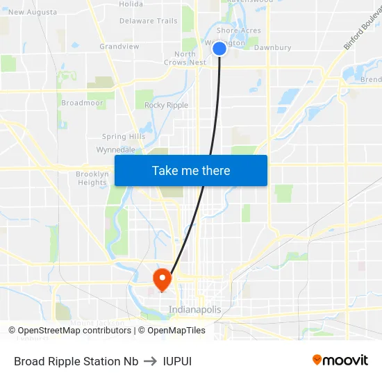 Broad Ripple Station Nb to IUPUI map