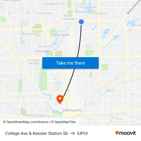 College Ave & Kessler Station Sb to IUPUI map