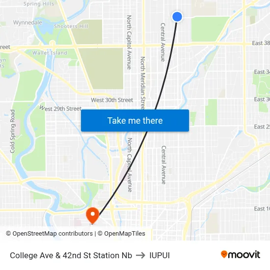 College Ave & 42nd St Station Nb to IUPUI map
