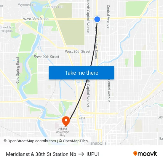 Meridianst & 38th St Station Nb to IUPUI map
